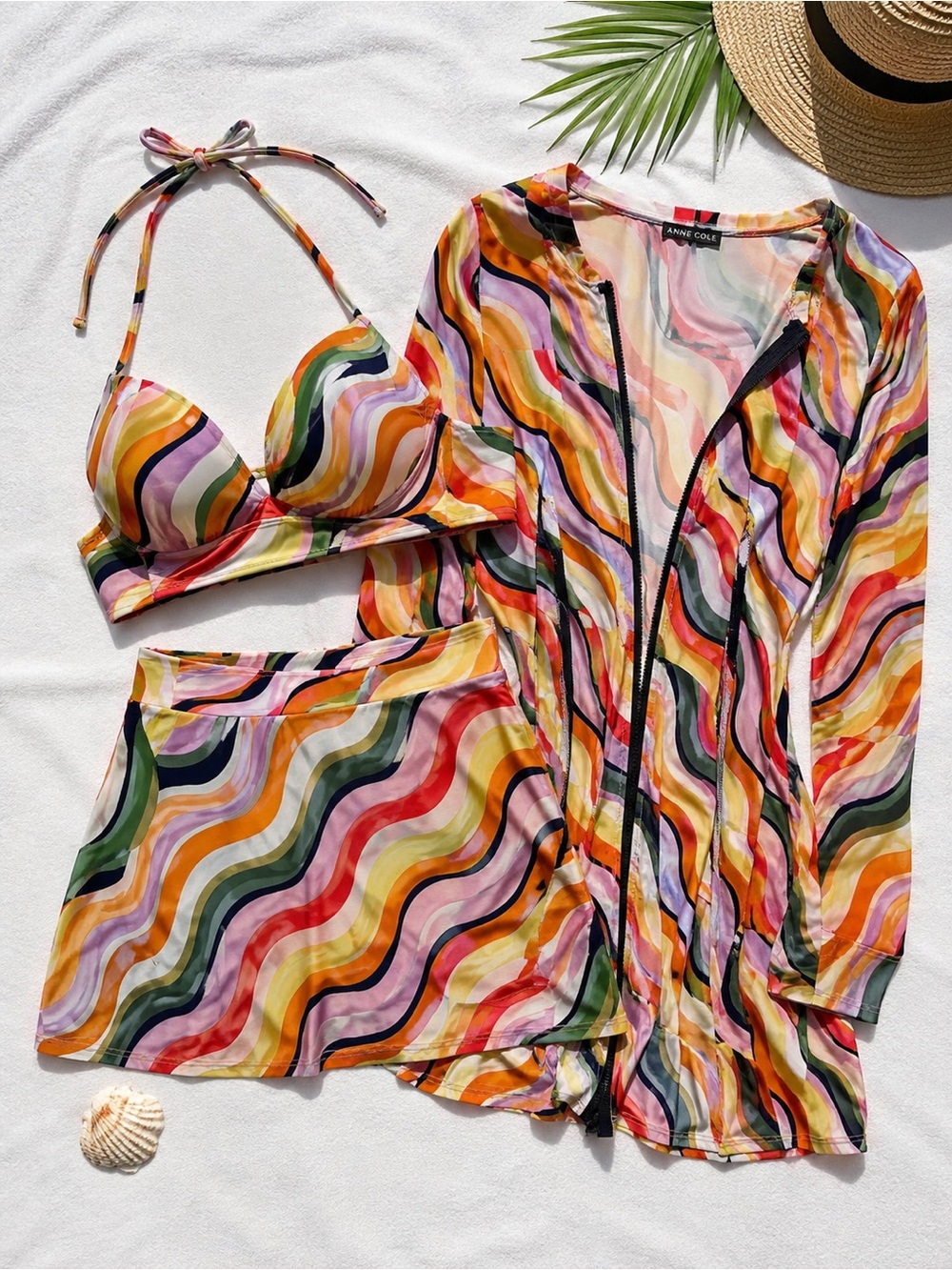 Anne Cole 3-Piece Rainbow Wave Swimsuit Set Cover-Up Swim Skirt L/XL.